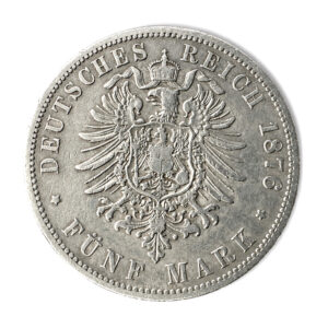 1876 German Five Mark coin with a double-headed imperial eagle and crown