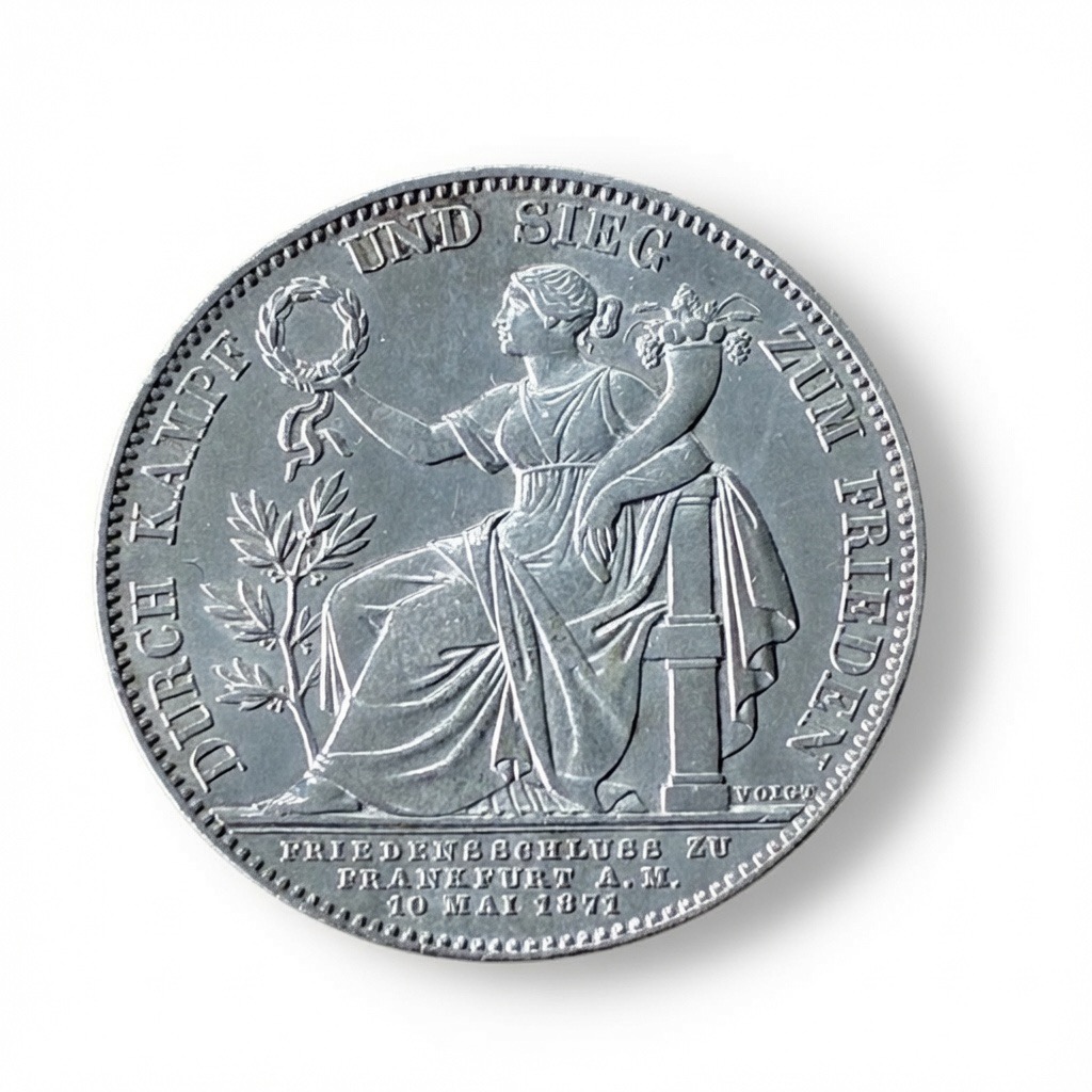 Commemorative German silver coin showing a seated woman with a laurel wreath, holding a wreath and a cornucopia, with text around the rim and a date at the bottom edge.