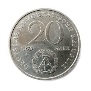 East German 20-Mark coin (1979) with hammer-and-compass emblem and DEUTSCHE DEMOKRATISCHE REPUBLIK inscription