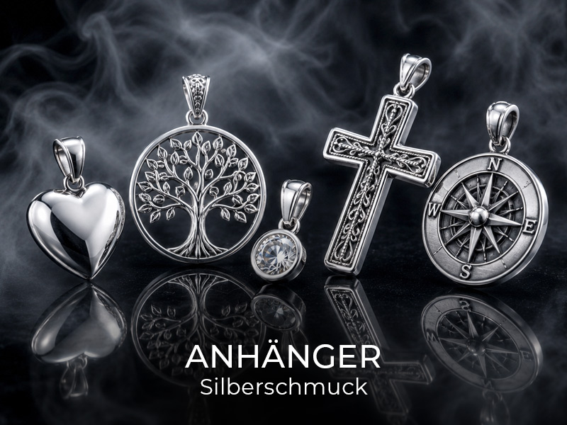 Silver jewelry set featuring a heart pendant, a tree of life disc, a small gem pendant, an ornate cross, and a compass pendant on a reflective surface.