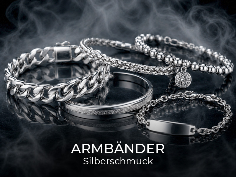 Collection of silver bracelets with different textures on a reflective surface with smoky background.