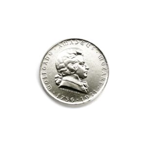 Coin with Mozart in profile and edge text AMADEUS MOZART 1756-1791.