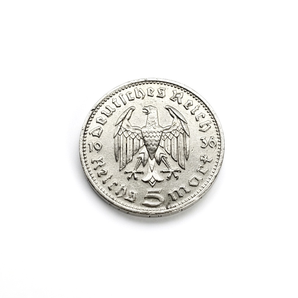 German 5-mark coin featuring an imperial eagle, inscription Deutsches Reich around the edge.