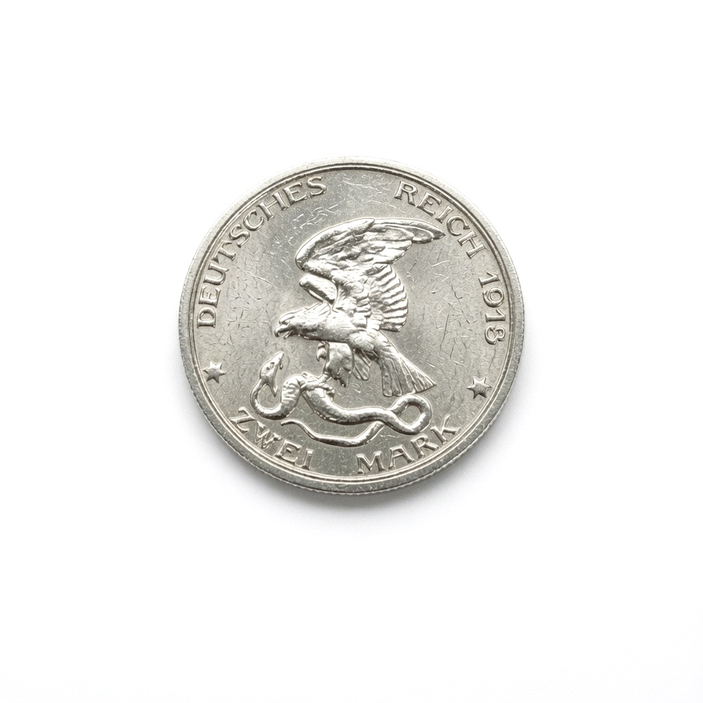 Silver 1 Deutsche Mark coin featuring an eagle with a snake, on a white background with DEUTSCHES REICH 2013 below and 1 MARK at the bottom.