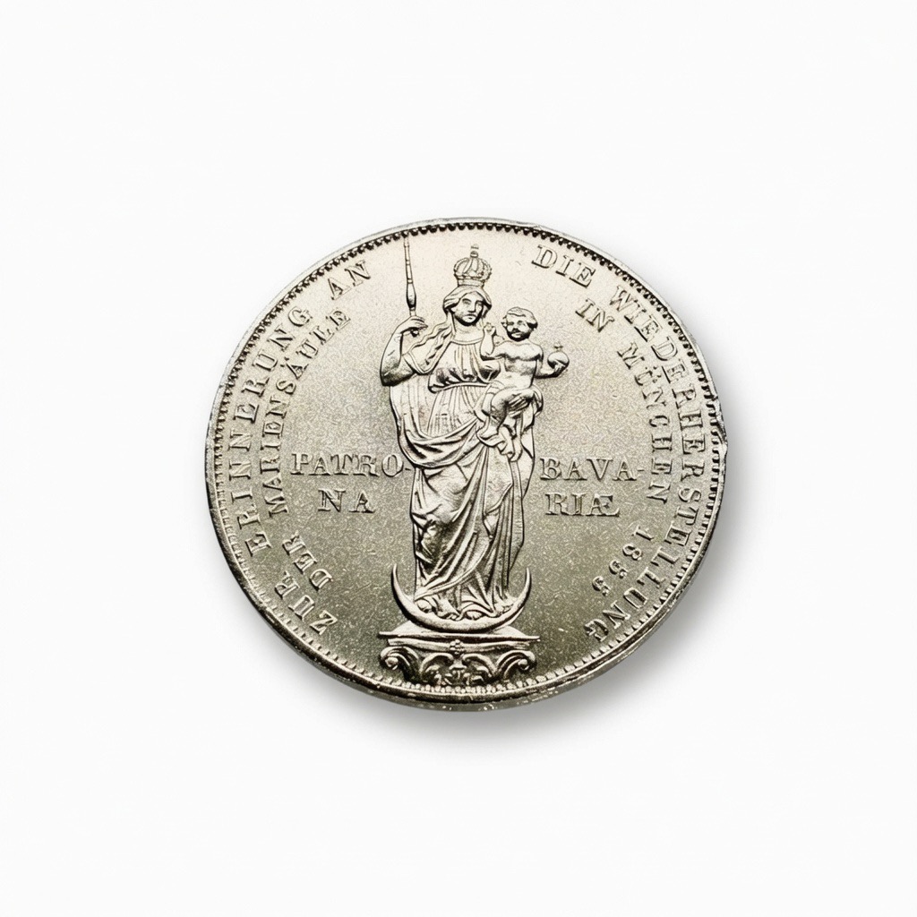 Circular silver coin showing a crowned Virgin Mary holding baby Jesus, standing on a pedestal, with inscriptions around the rim.